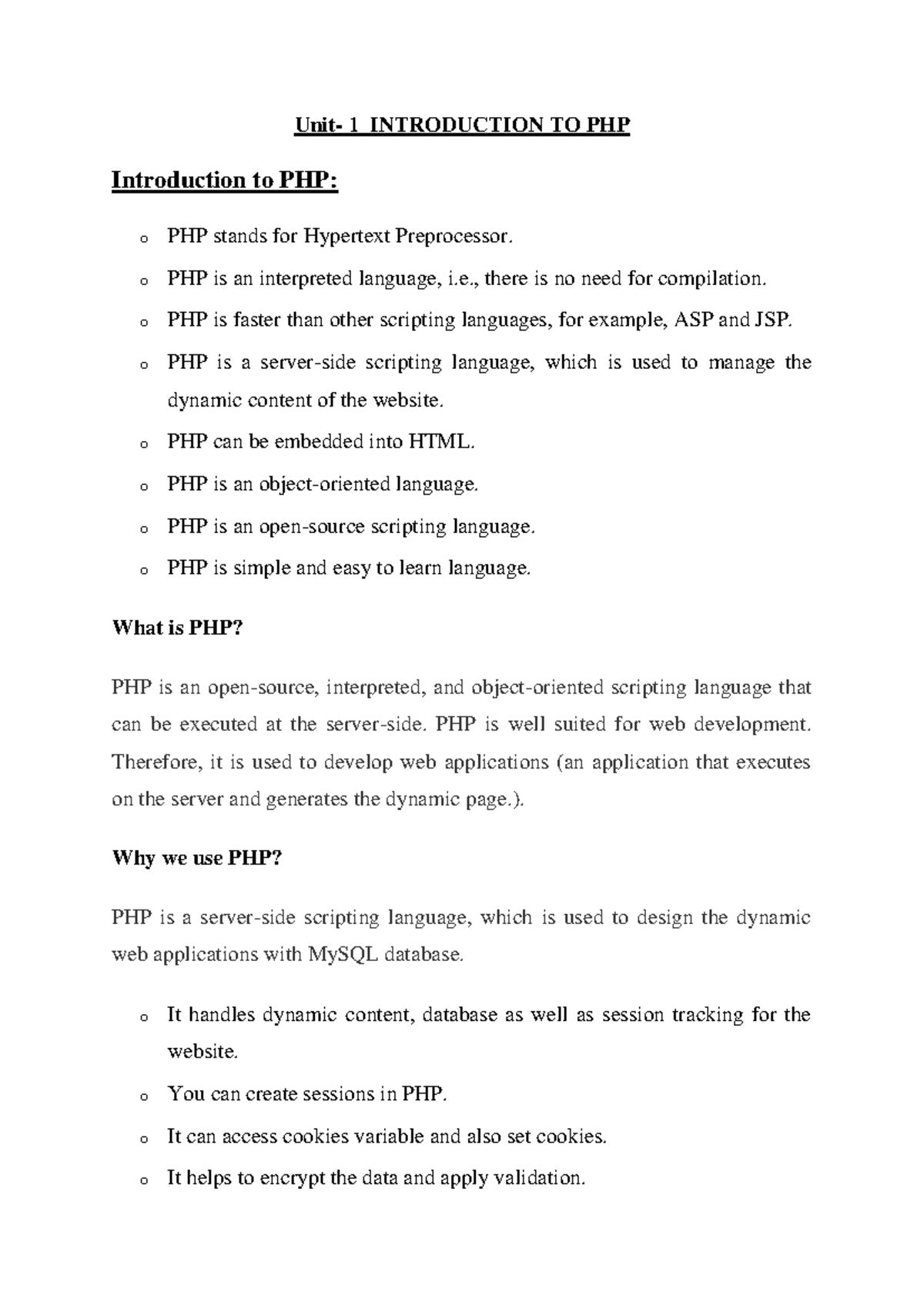 Unit-1 php - Unit- 1 INTRODUCTION TO PHP Introduction to PHP: o PHP ...