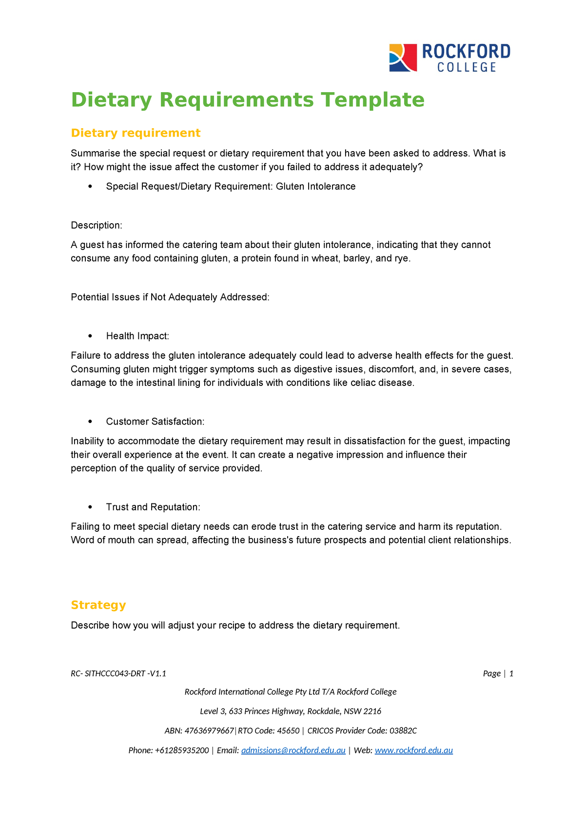 Sithccc 043 Dietary Requirements Template - Dietary Requirements ...