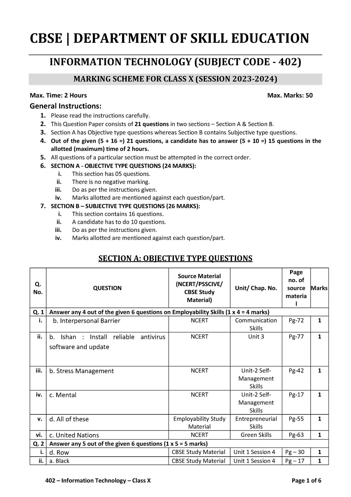 Class 10 IT 402 Sample Paper Solutions - CBSE | DEPARTMENT OF SKILL ...