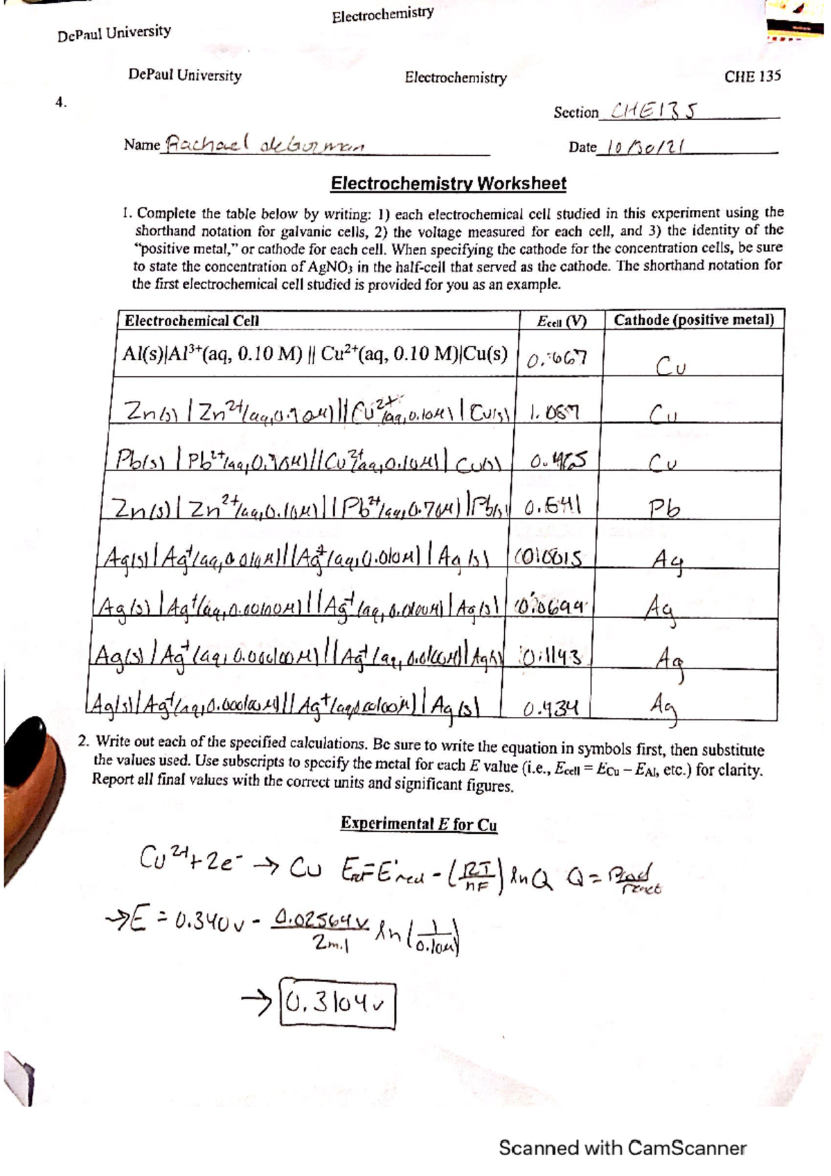 Lab 7 Electrochemistry Wk - Electrochemistry DePaul University DePaul ...