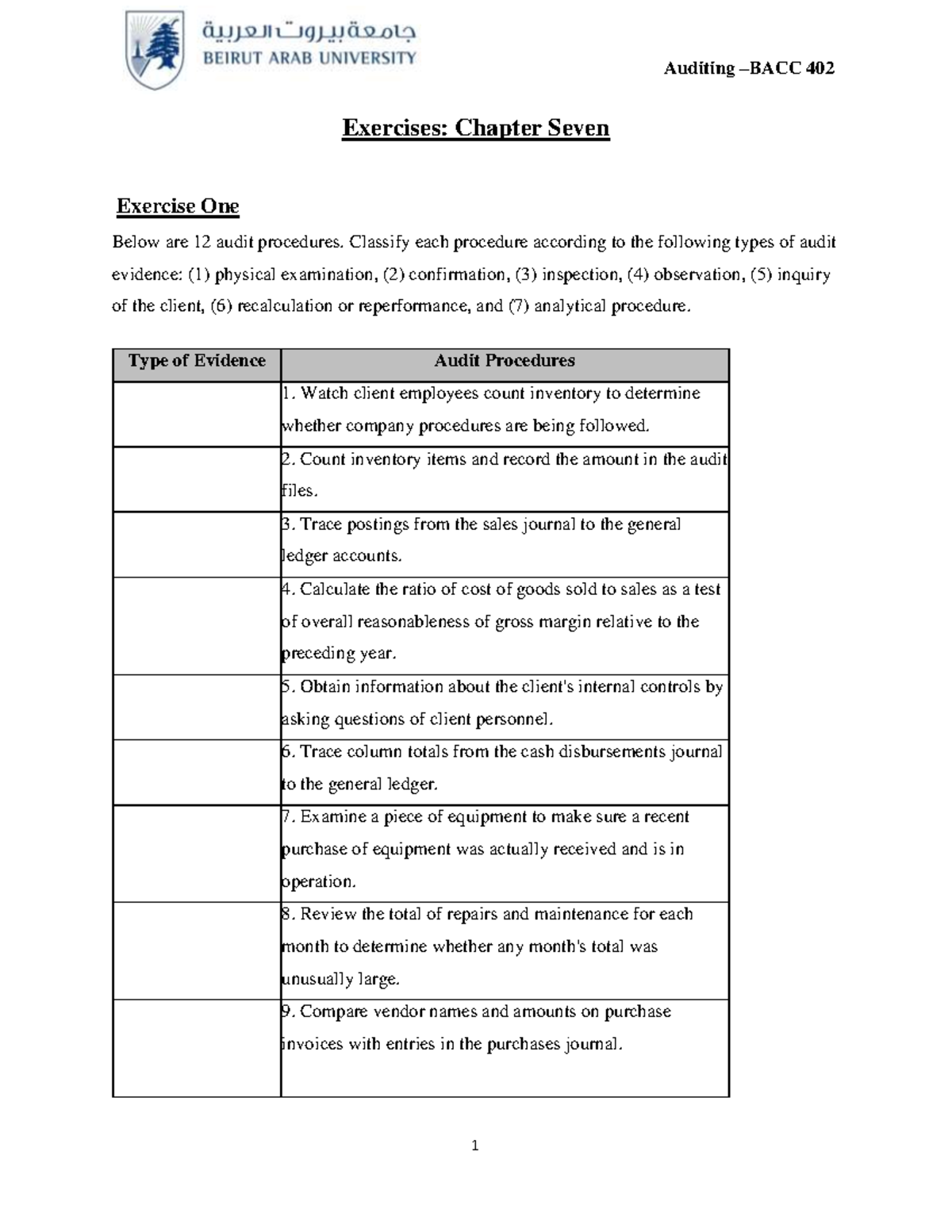 Exercises-Ch 7 - acc - Exercises: Chapter Seven Exercise One Below are ...