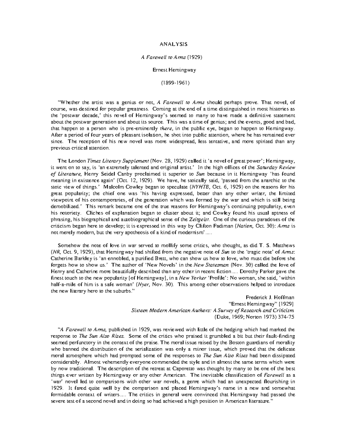 Ernest Hemingway A Farewell to Arms Summary Critics English