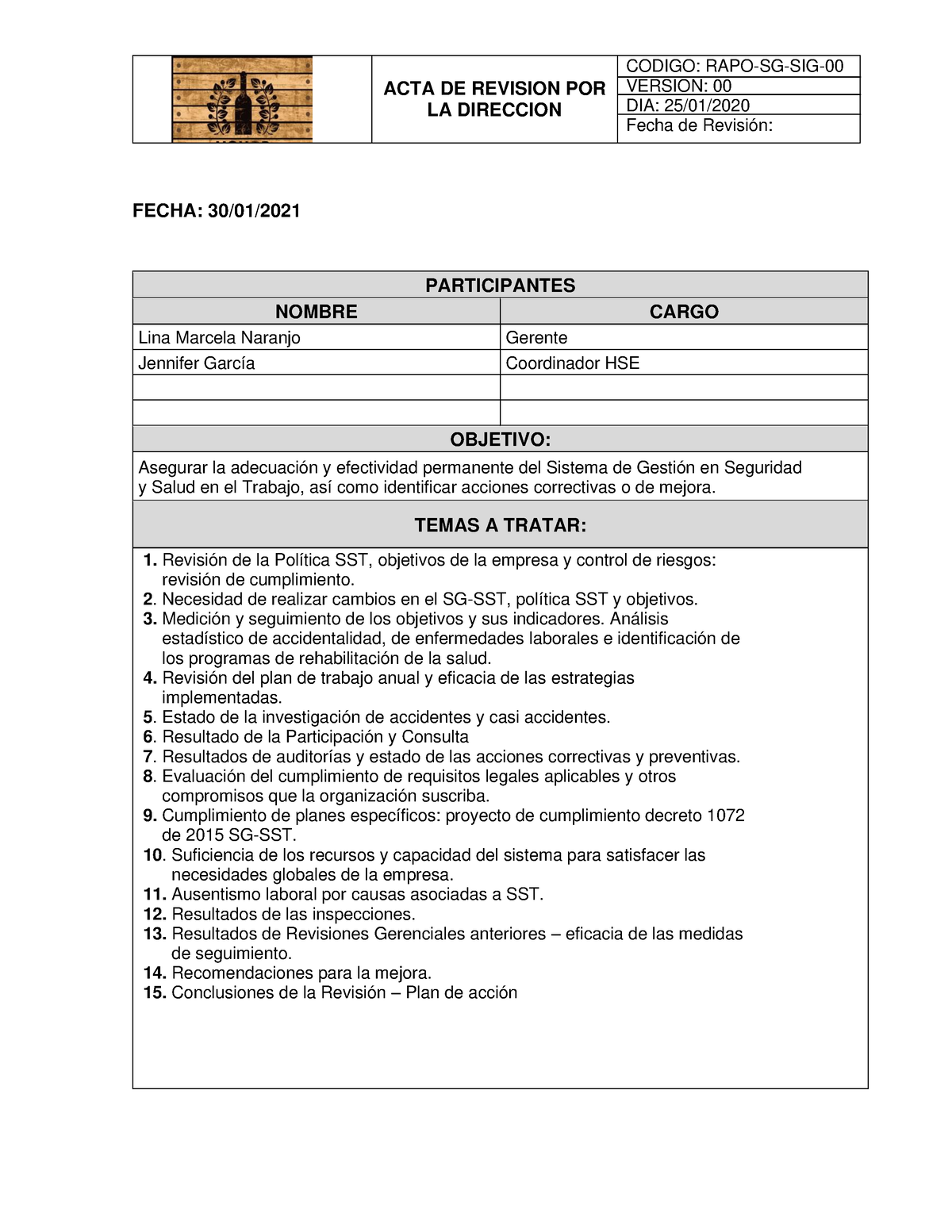 712 Acta De Revision Mejora Acta De Revision Por La Direccion Version 00 Dia 2501 Fecha 2863