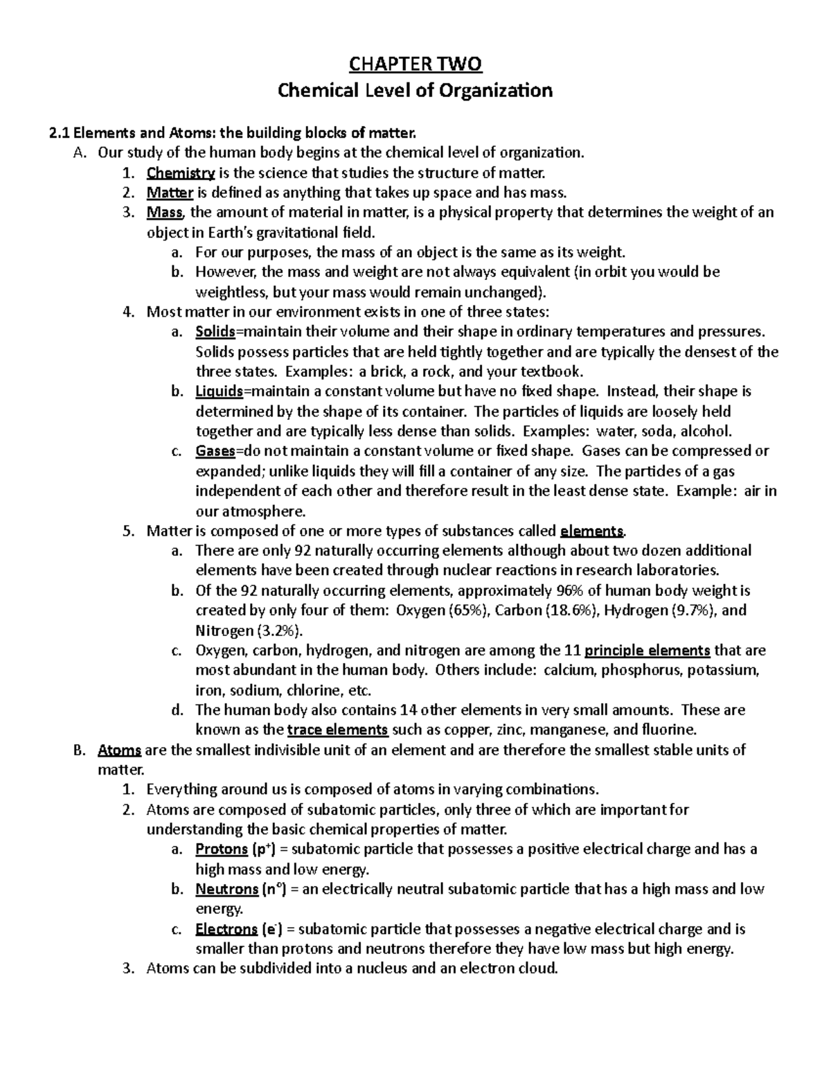 Chapter 2 Outline - CHAPTER TWO Chemical Level of Organization 2 ...