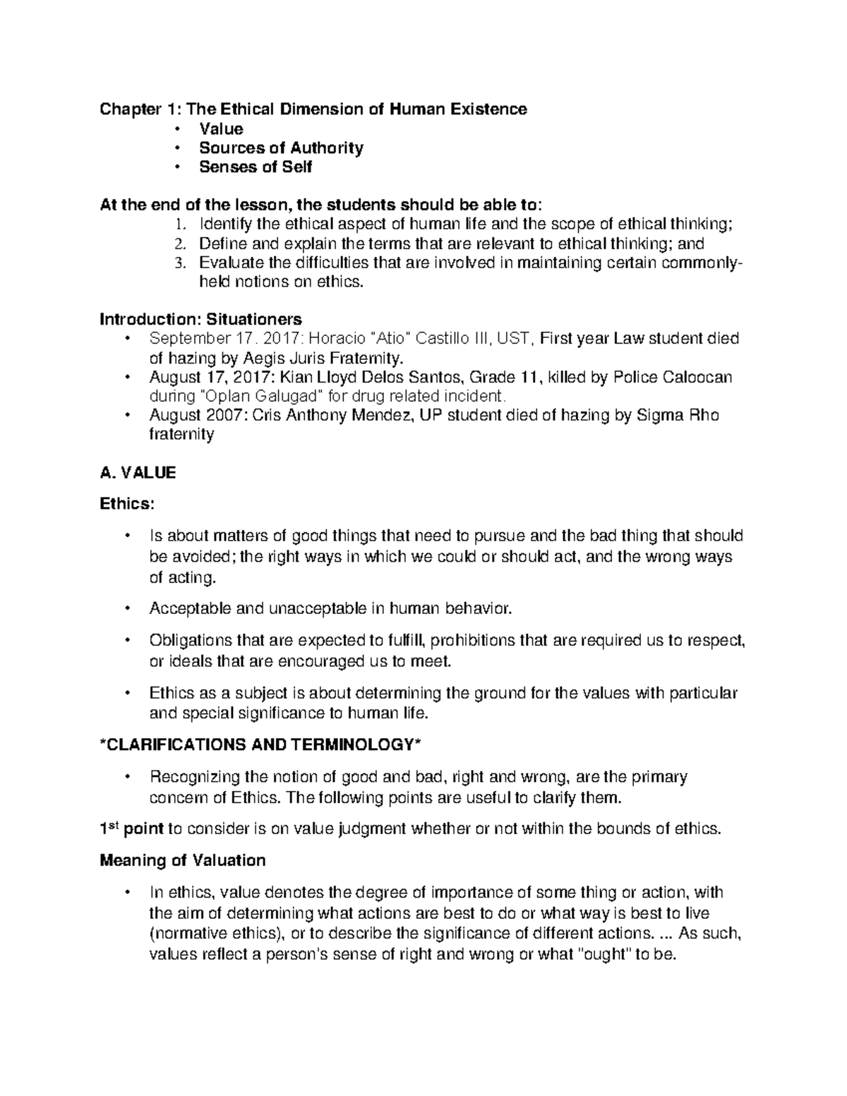 Chapter 1 Ethical Dimension Of Human Existence - Chapter 1: The Ethical ...