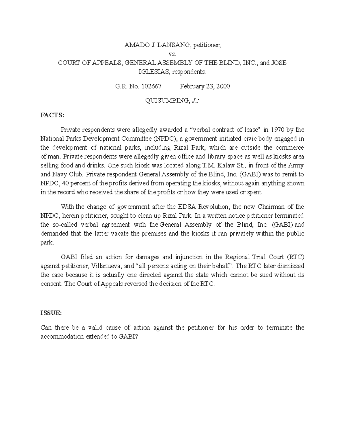 G.R. No. 102667 CASE Digest AMADO J. LANSANG, petitioner, vs. COURT