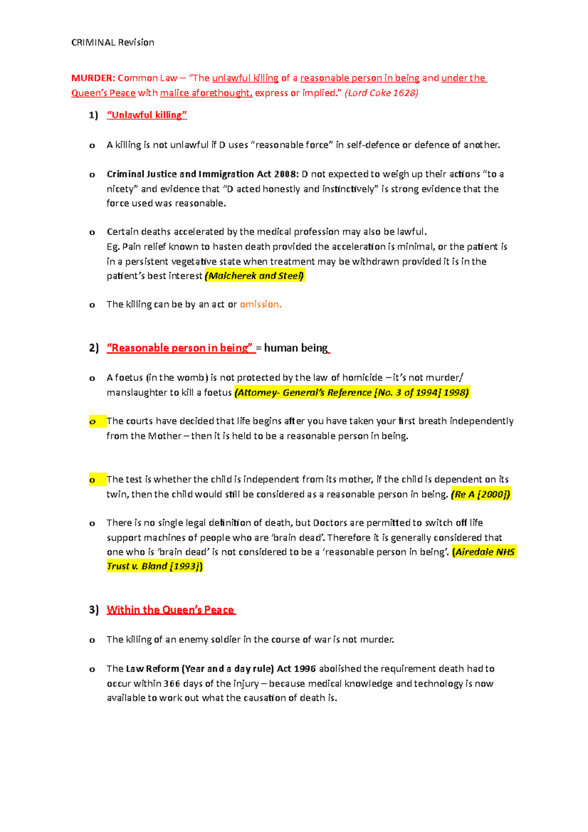 Murder (Offence) - CRIMINAL Revision MURDER: Common Law unlawful ...