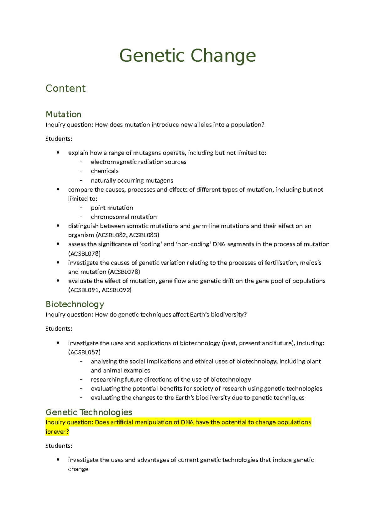 Biology - Module 6 - all bio mod 6 notes - Genetic Change Content ...