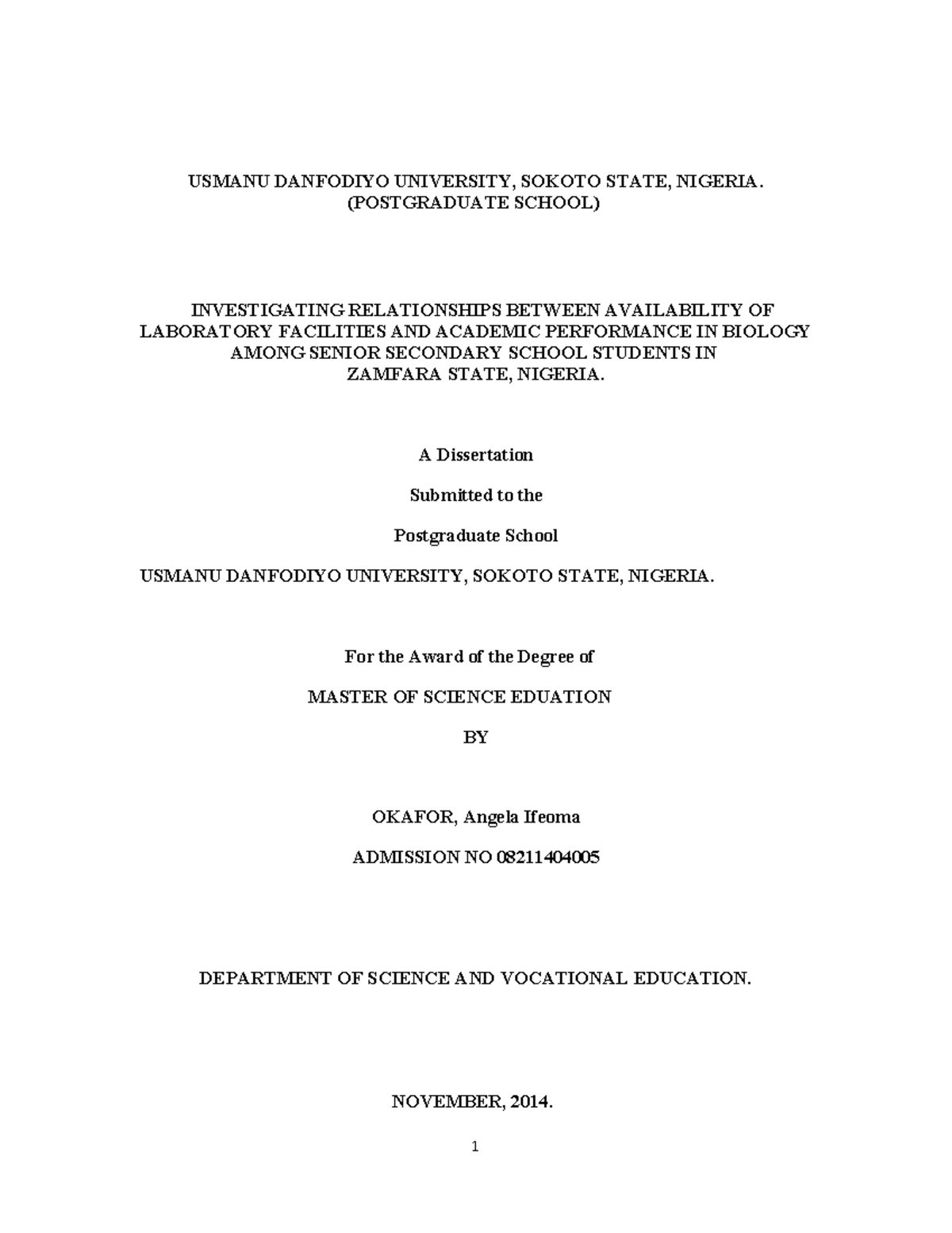 Okafor Angela Ifeoma 08211404005 - USMANU DANFODIYO UNIVERSITY, SOKOTO ...