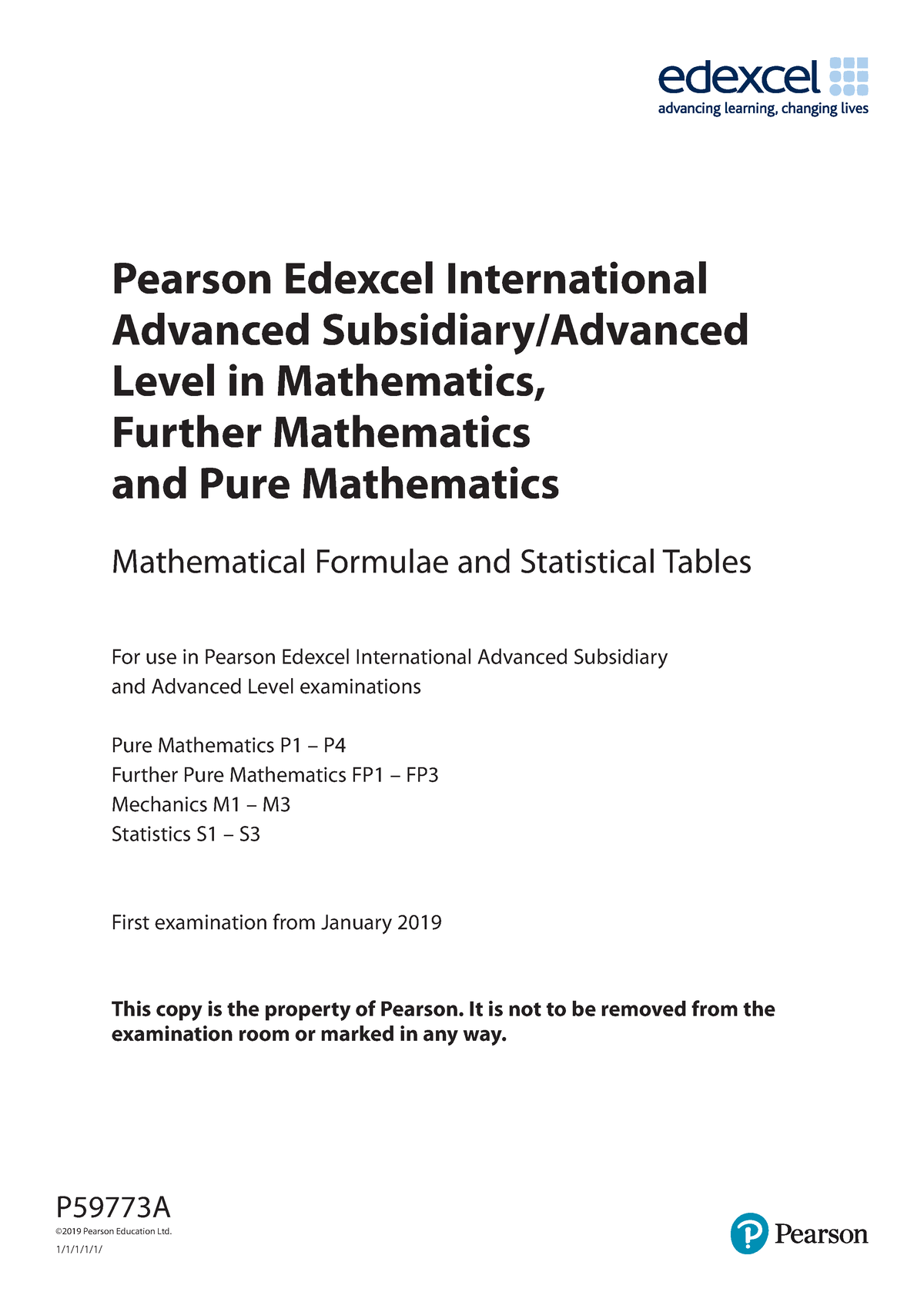 IAL Mathematics Formula Book Pearson Edexcel International Advanced