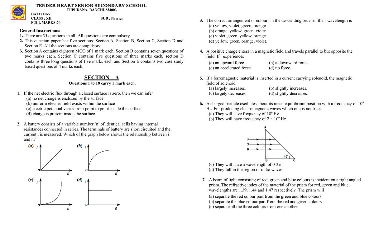 Class 12 Physics Mock - Good Morning Sir - General Instructions: 1 