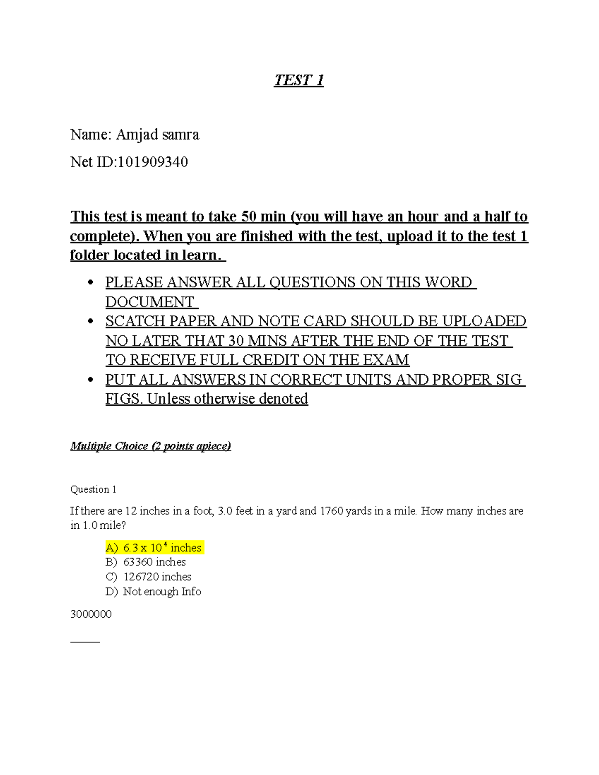 Test 1 003 - exam questions on - TEST 1 Name: Amjad samra Net ID: This ...