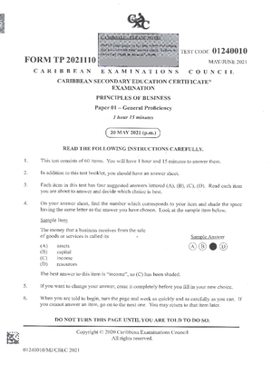 CSEC POA MJ 2022 P1 - Csec P0A MJ 2022 ppr 1 - CSEC Principles of ...