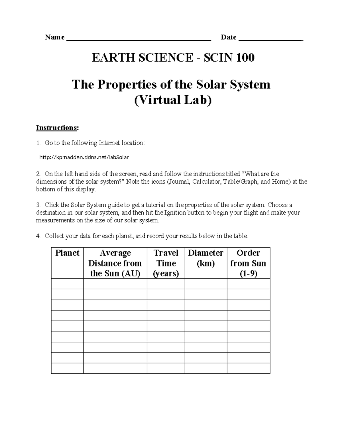Properties of the solar system - Name ...
