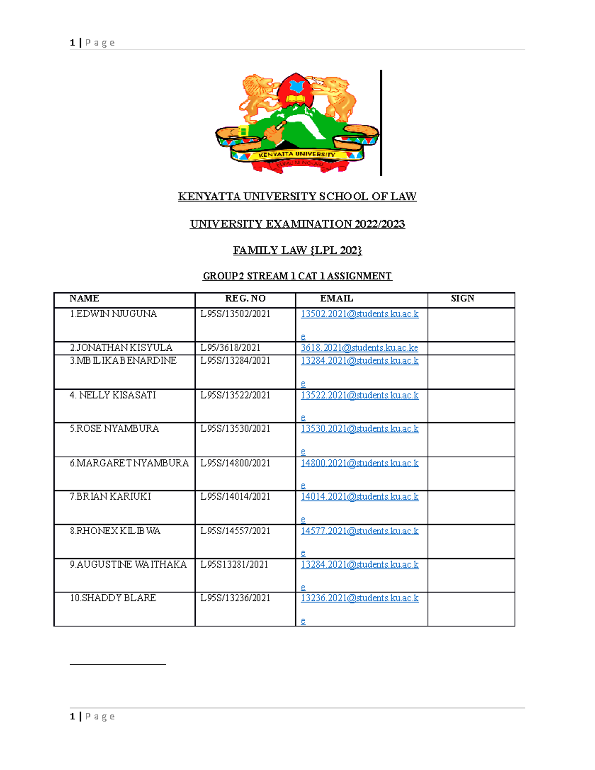 Stream 1 Group 2 { Family LAW} KENYATTA UNIVERSITY SCHOOL OF LAW