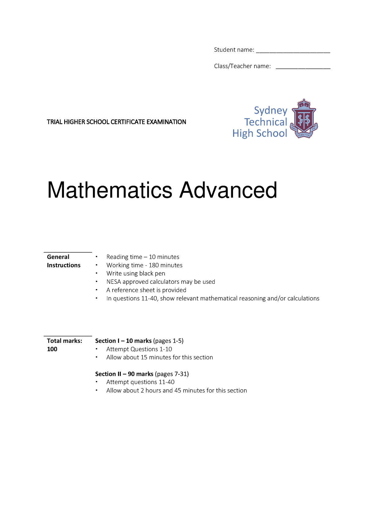 Sydney Technical High School 2020 ADV Trial Paper - Student name