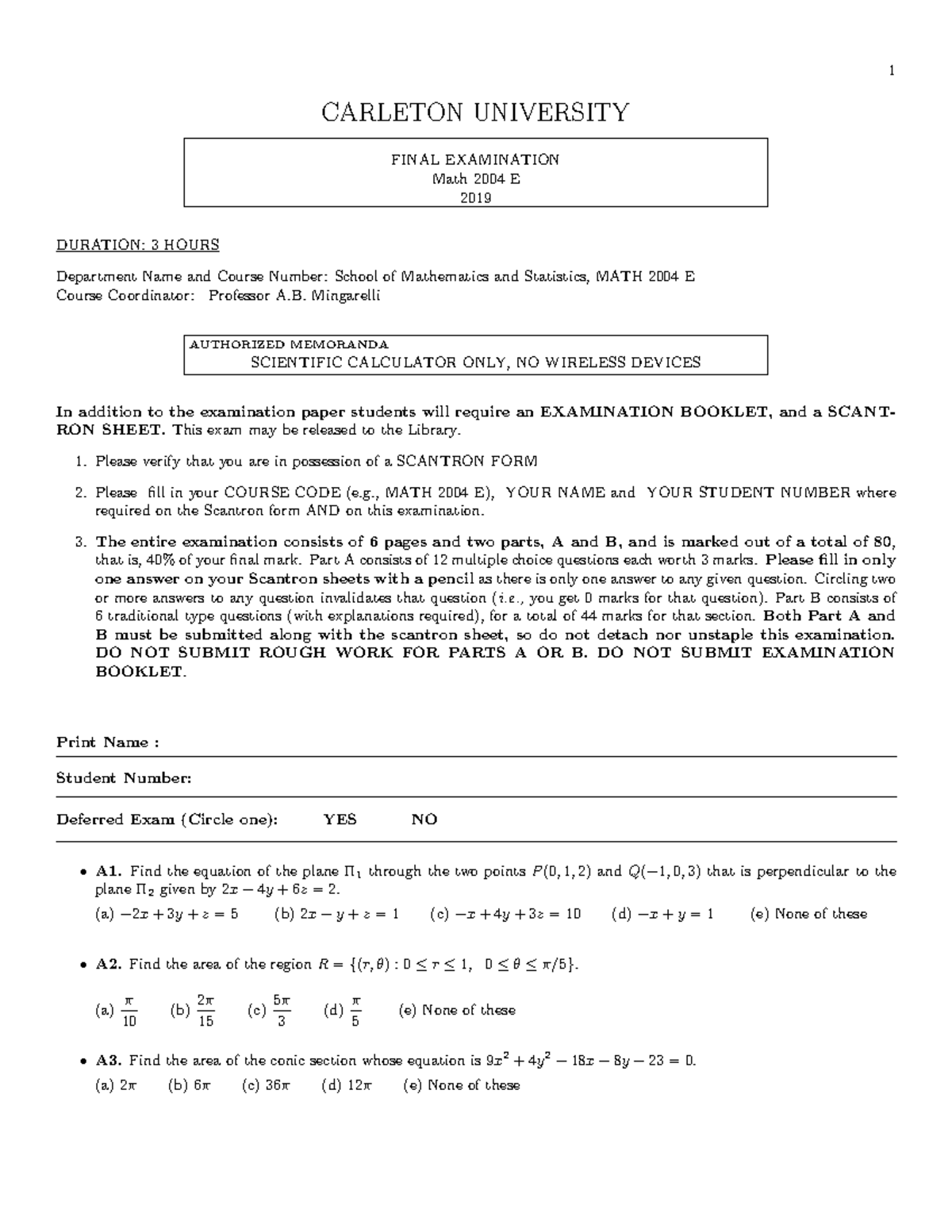 Sample/practice exam - 1 CARLETON UNIVERSITY FINAL EXAMINATION Math ...
