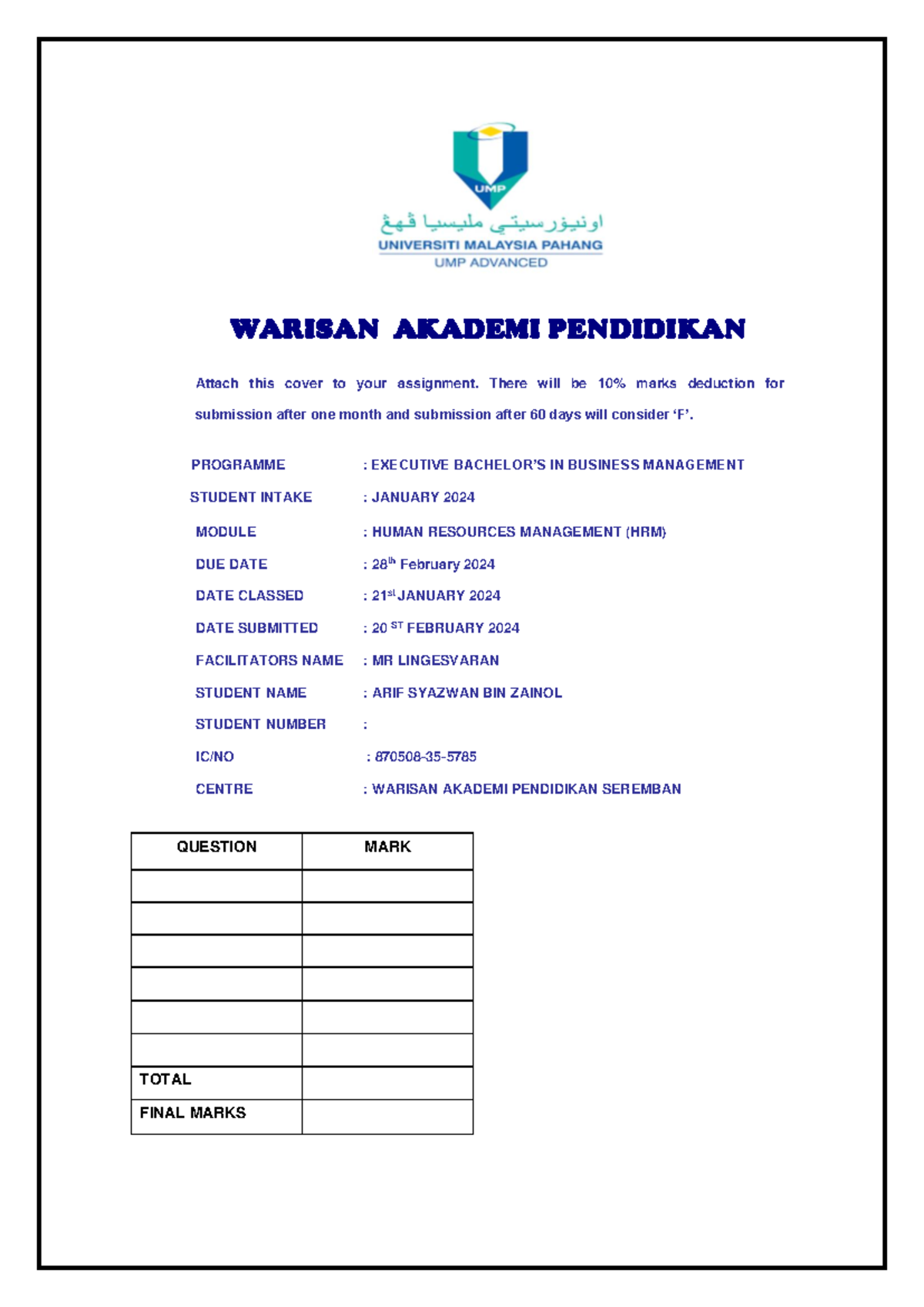 Assignment UMPA Human Resource Management Question 1 - Assignment Cover ...
