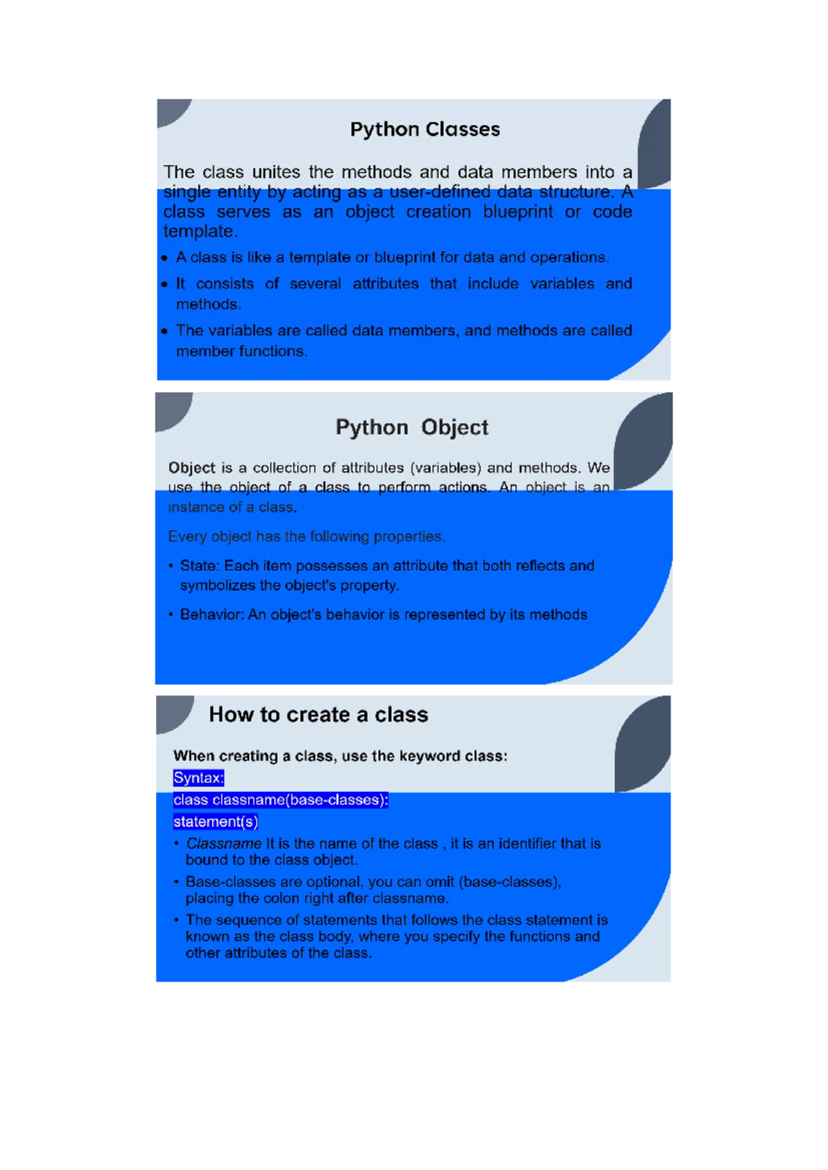 Unit 6 Classes - Just - Python Classes The class unites the methods and ...