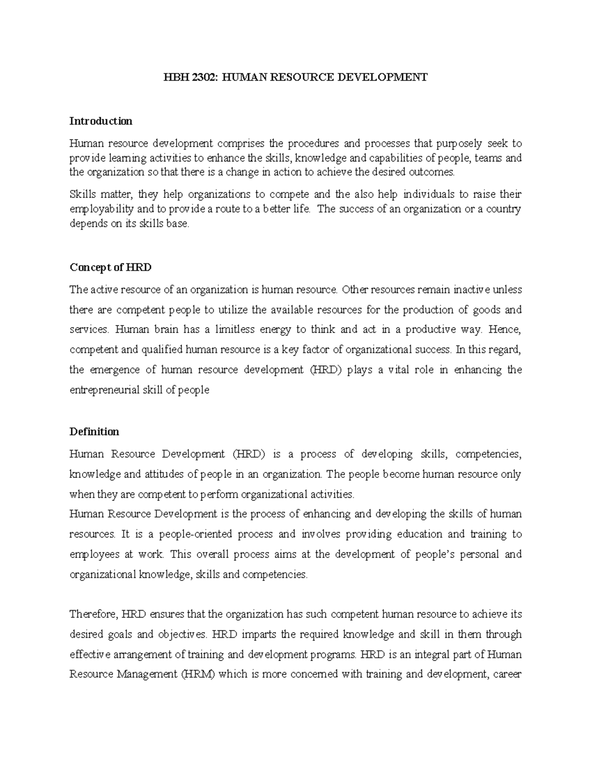 HBH 2302 HRD Notes - HBH 2302: HUMAN RESOURCE DEVELOPMENT Introduction ...