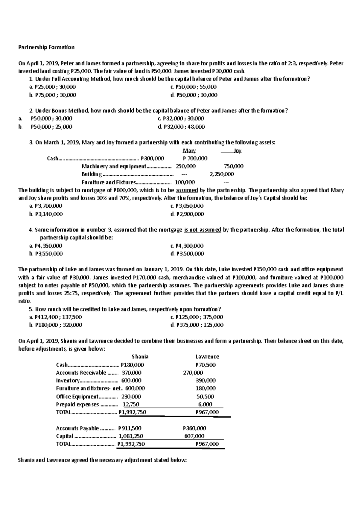 Partneship Handout without answer key edited - Partnership Formation On ...