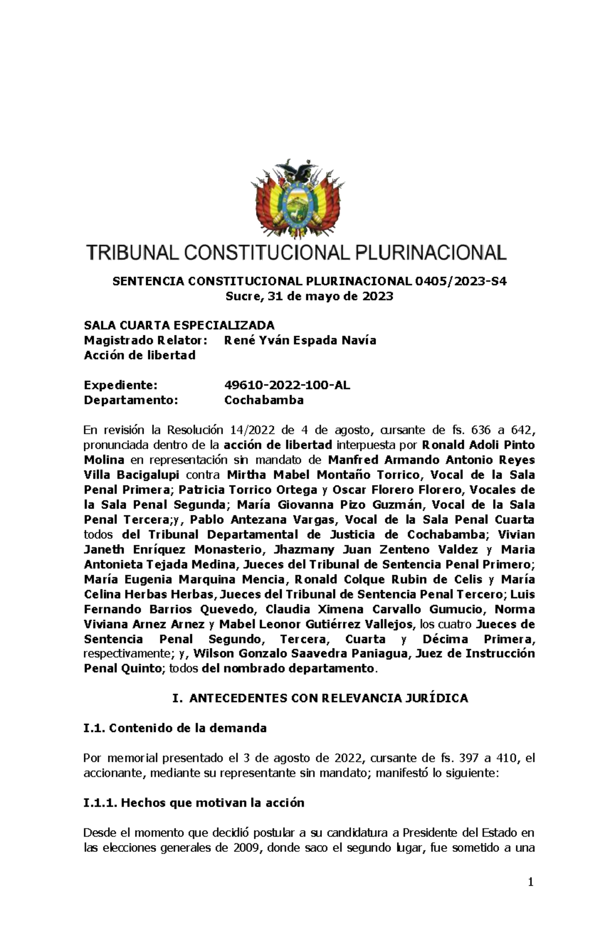 Sentencia 0405 2023-S4 - SENTENCIA CONSTITUCIONAL PLURINACIONAL 0405/