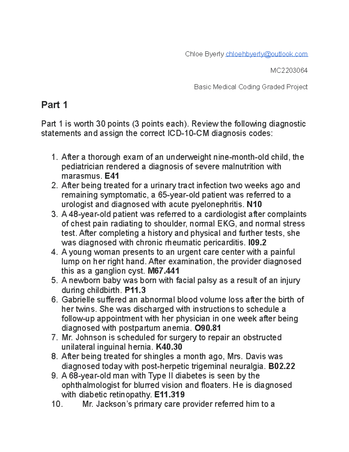 Basic Medical Coding Graded Project Chloe Byerly Chloehbyerly outlook 