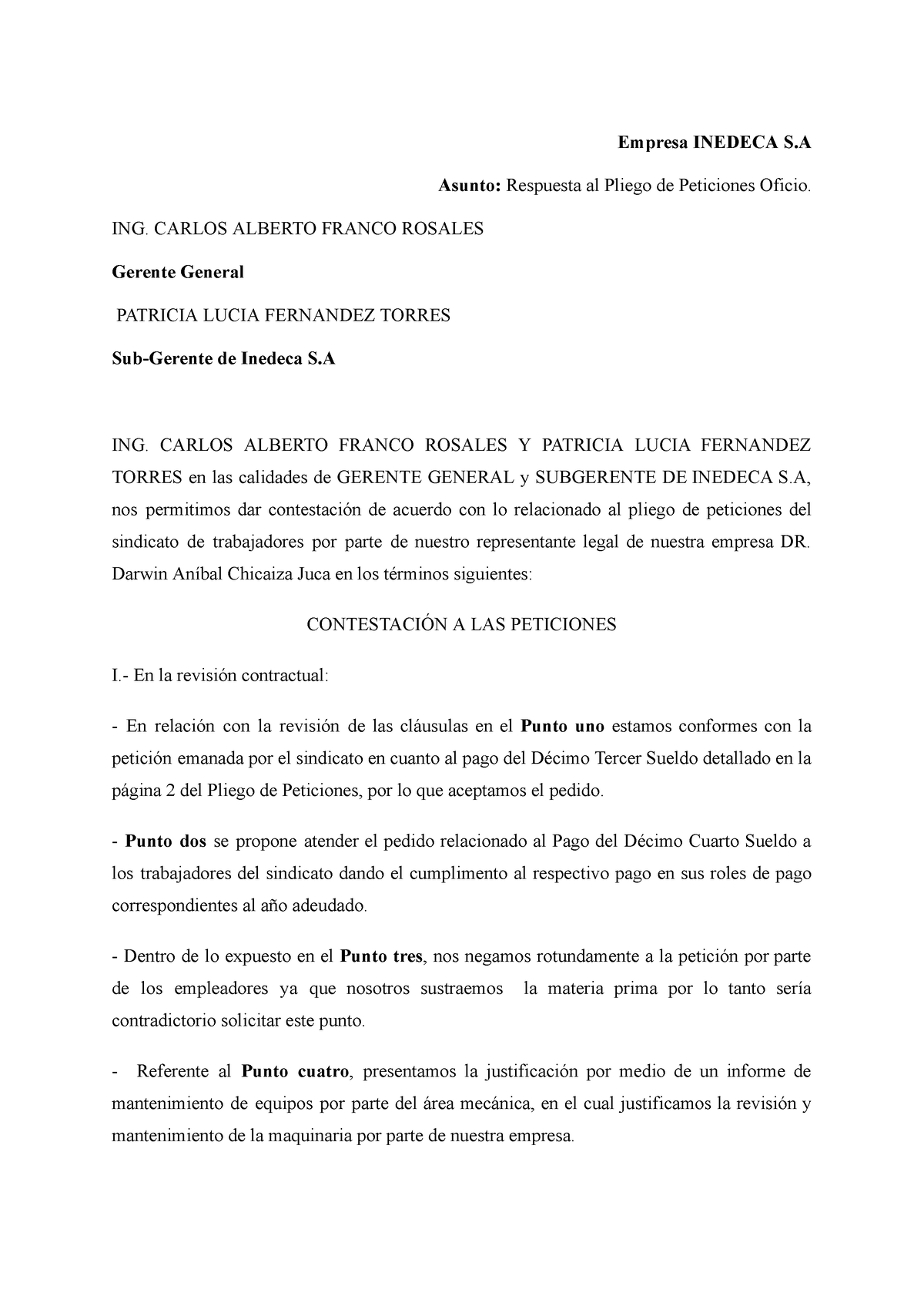 Contestacion Al Pliego De Peticiones Empresa Inedeca S Asunto Respuesta Al Pliego De