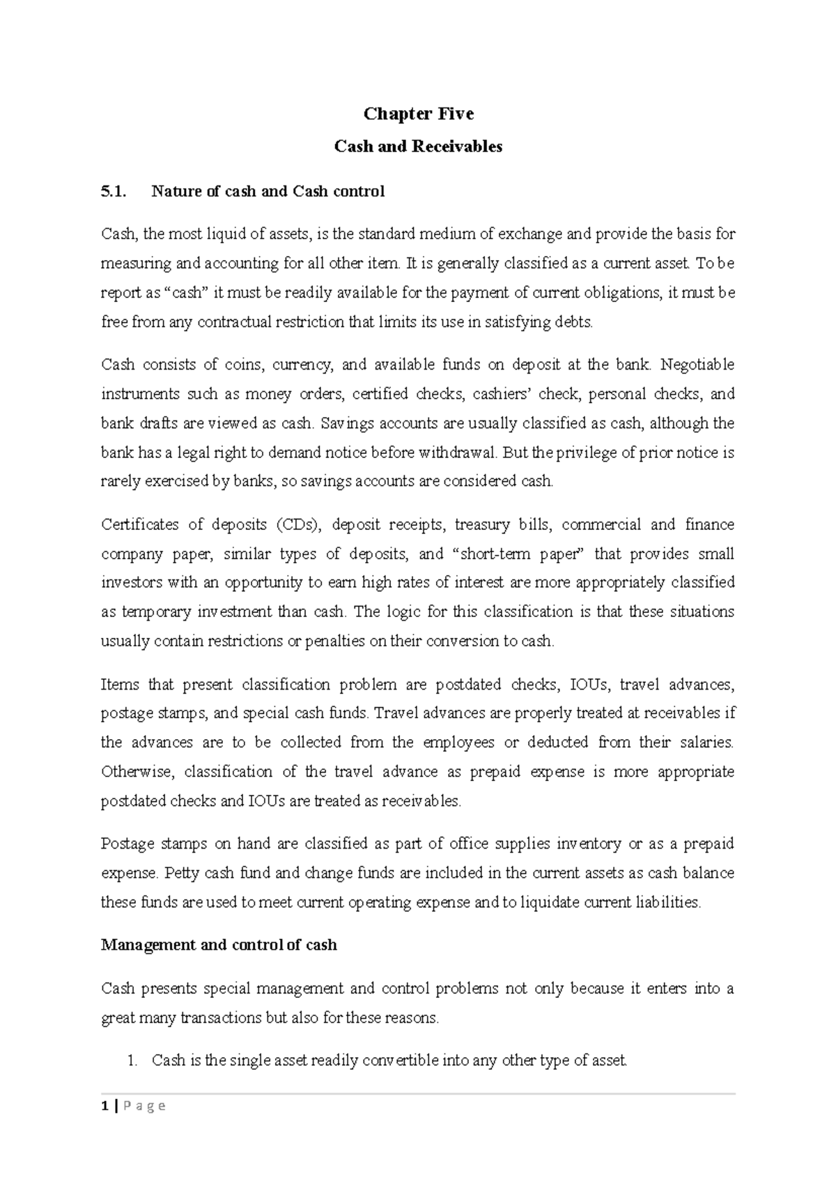 Chapter V - Lecture note on Financial reporting - Chapter Five Cash and ...