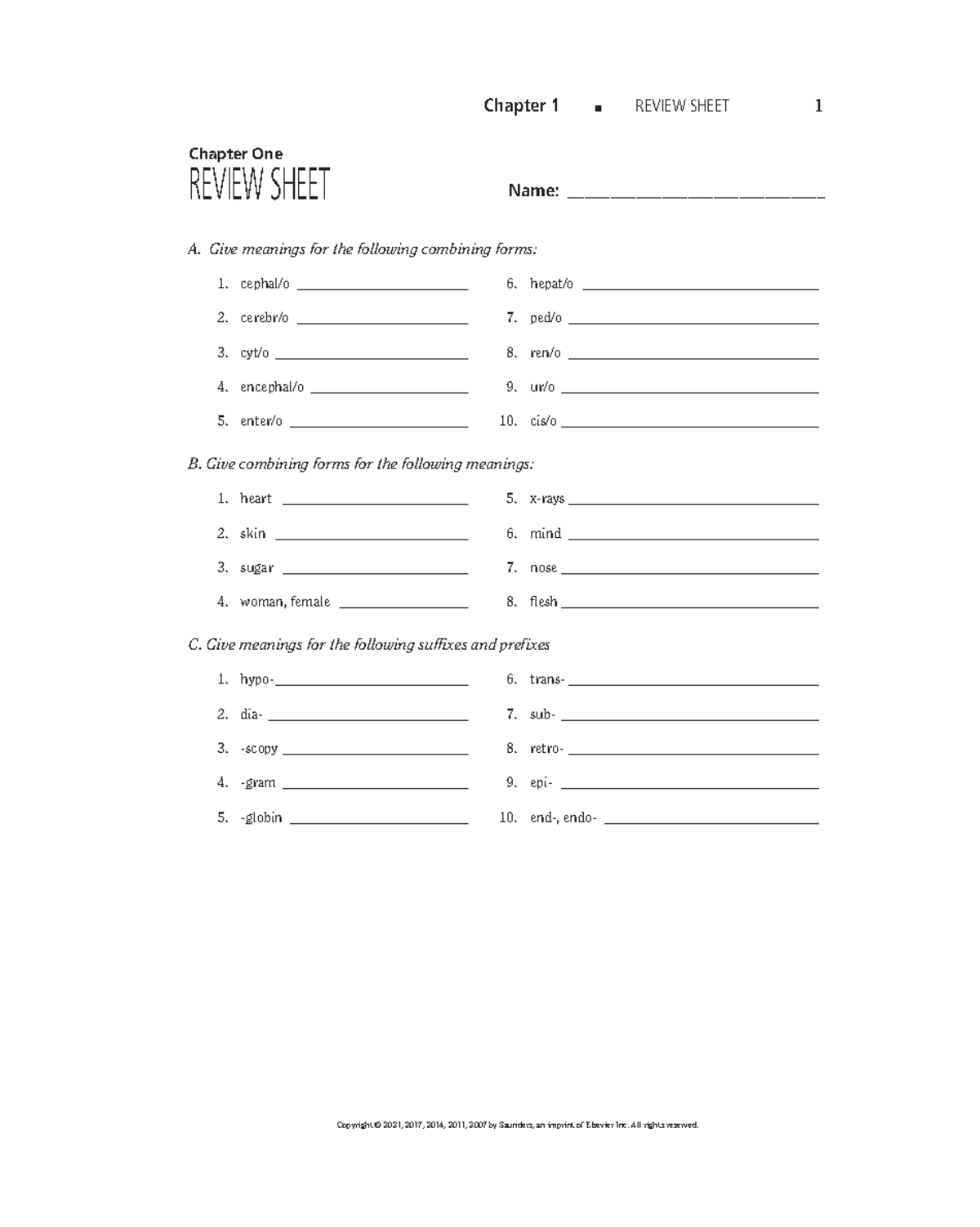 Exam 1 Ch 1-2 Review - a and p 1 - Chapter 1 REVIEW SHEET 1 Copyright ...