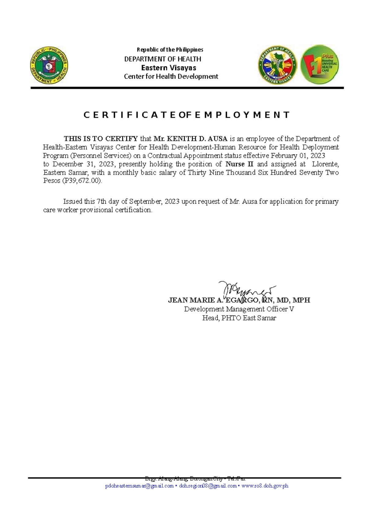 Cert. pcw - 123erfchjbkj - C E R T I F I C A T E OF E M P L O Y M E N T ...