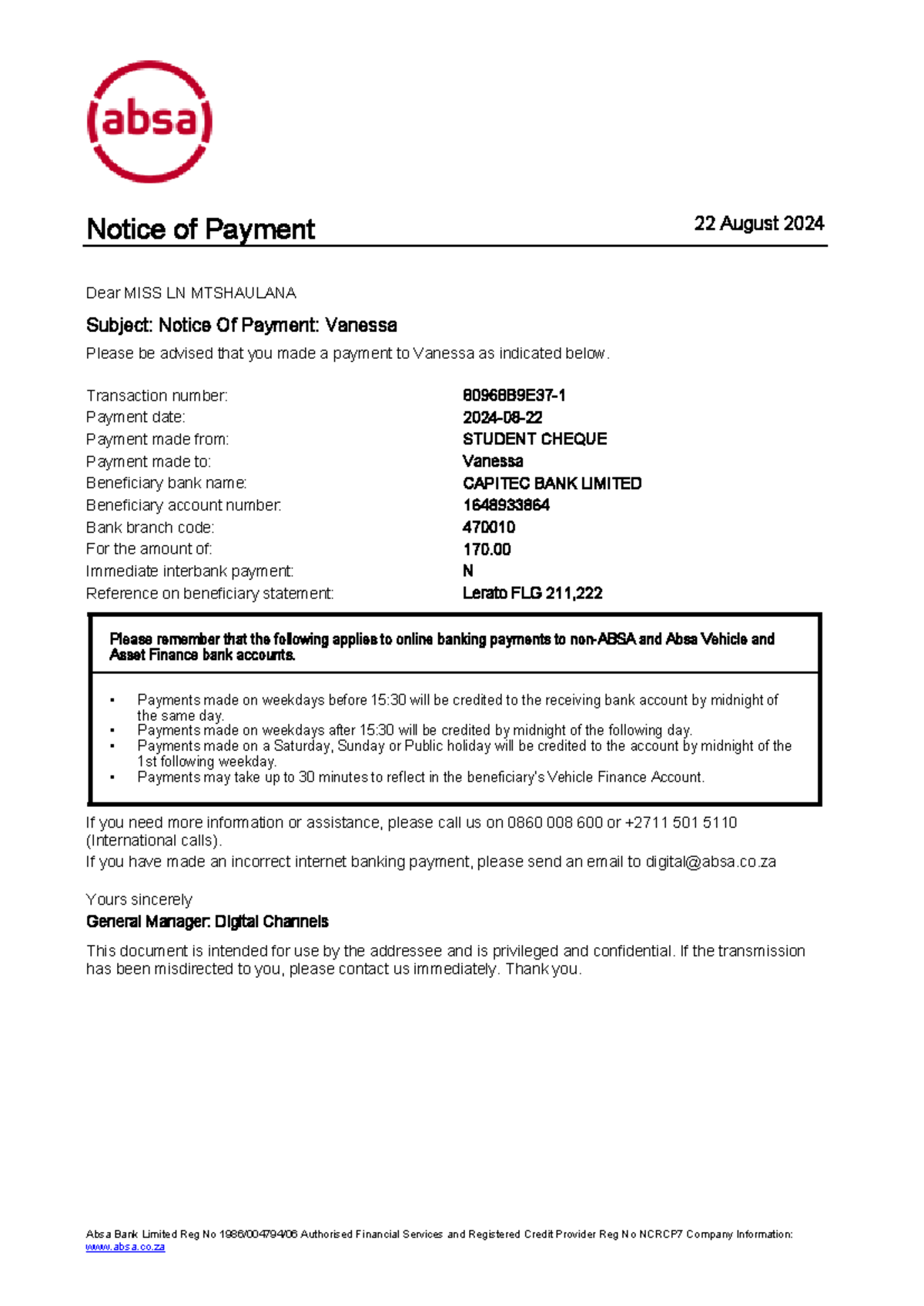 Notice Of Payment Single - Notice of Payment 22 August 2024 Absa Bank ...