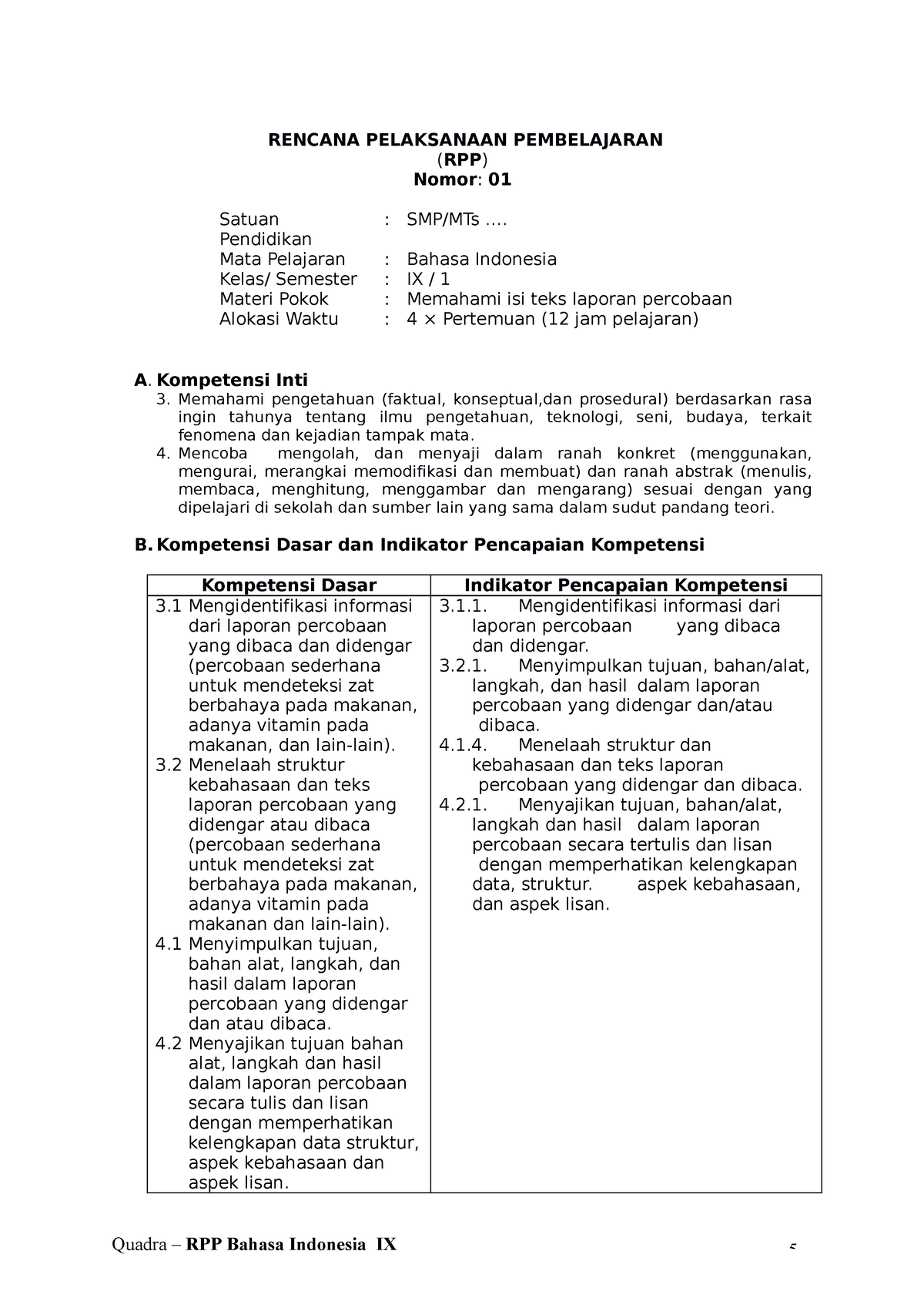 RPP - RPP B. Indonesia Kelas 9 - RENCANA PELAKSANAAN PEMBELAJARAN (RPP ...