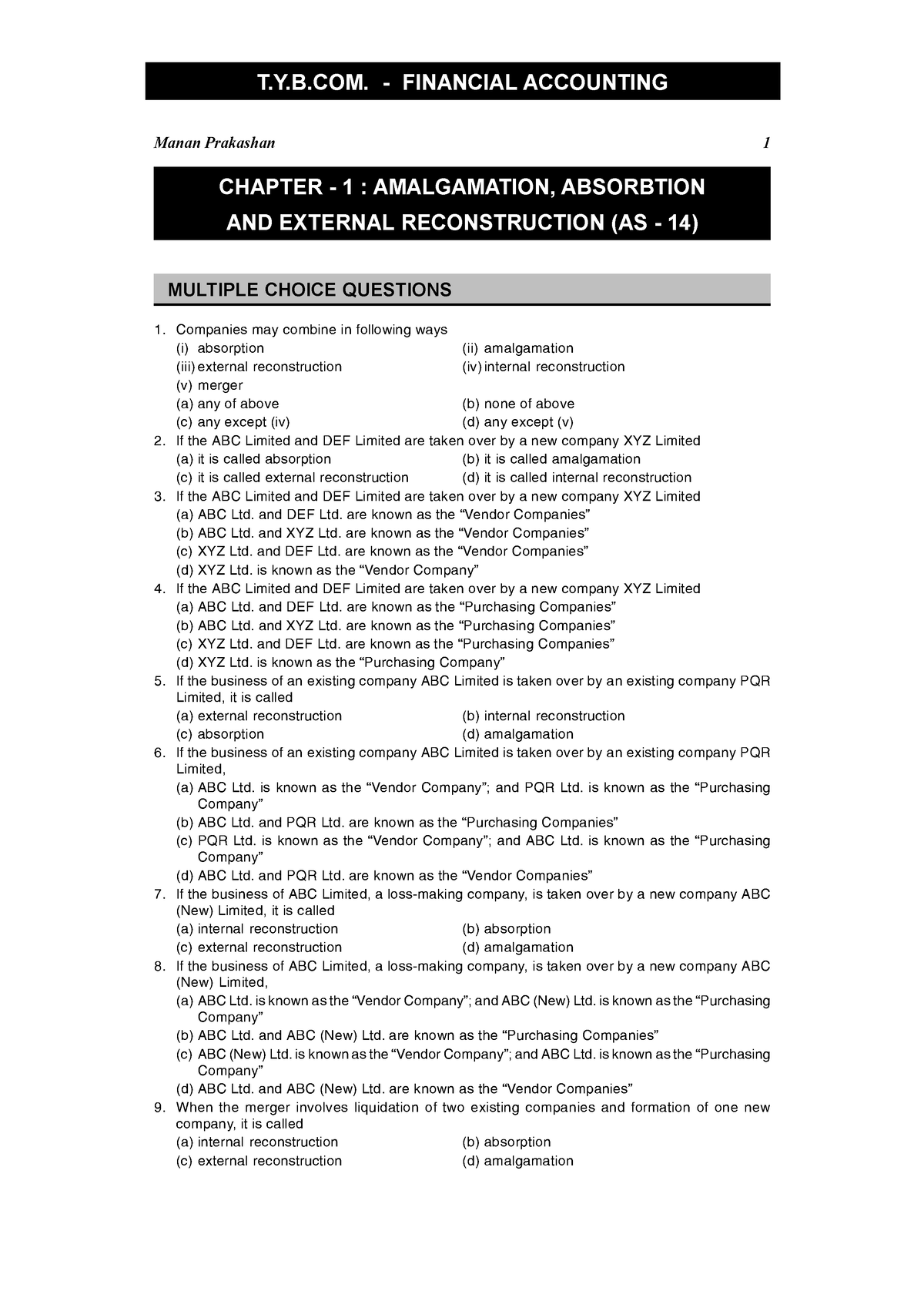 TYBCom Sem VI Financial Accounting MCQs 1 Financial Accounting And ...