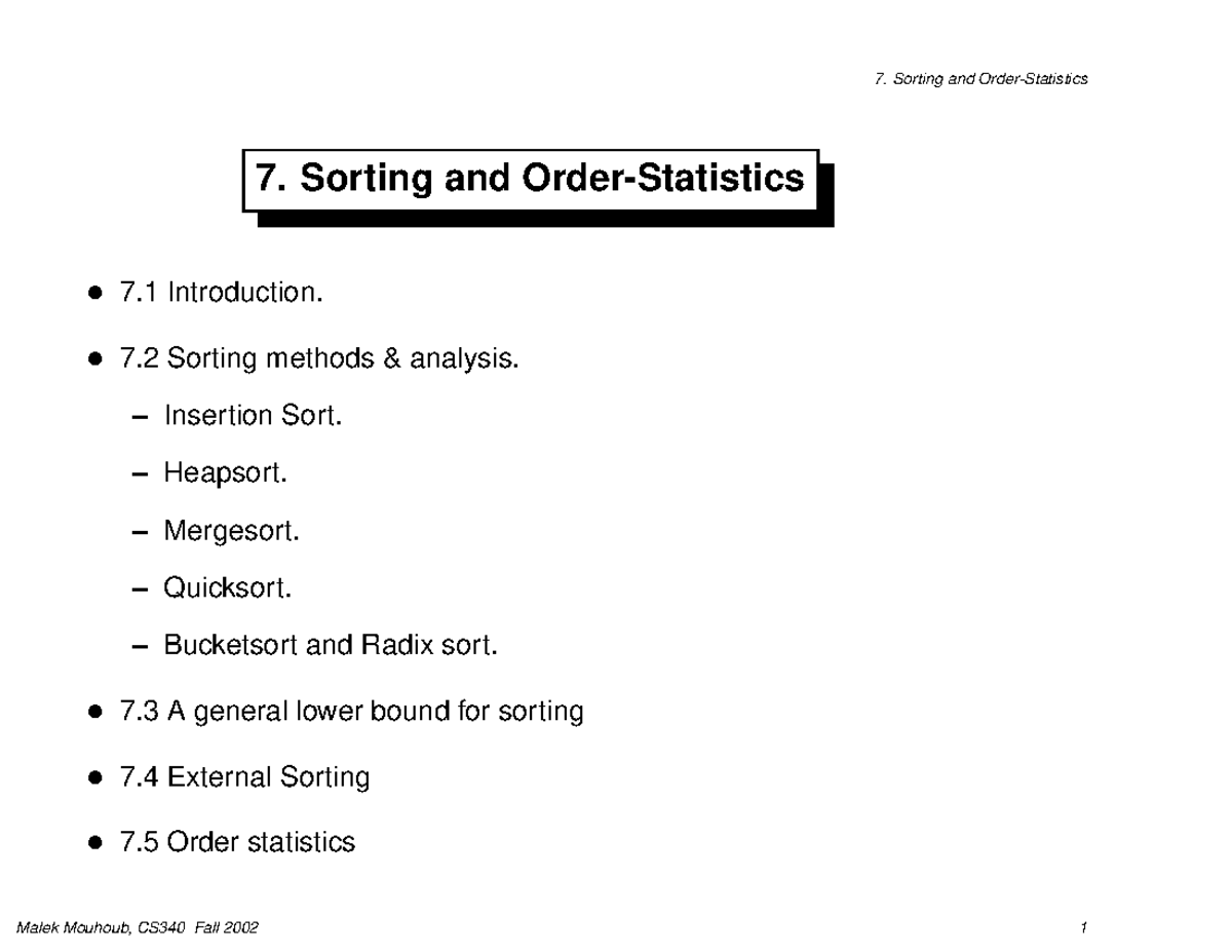 Sorting and order - Lecture notes 2 - 7. Sorting and Order-Statistics 7 ...