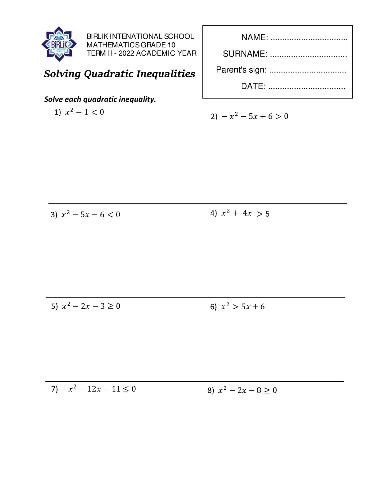 Quadratic Inequalities Worksheet Solving Quadratic Inequalities Solve Each Quadratic