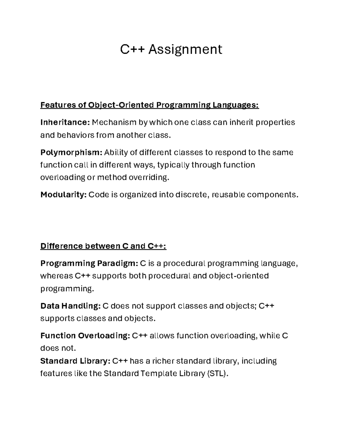 C++ Assignment - C++ Assignment Features of Object-Oriented Programming ...
