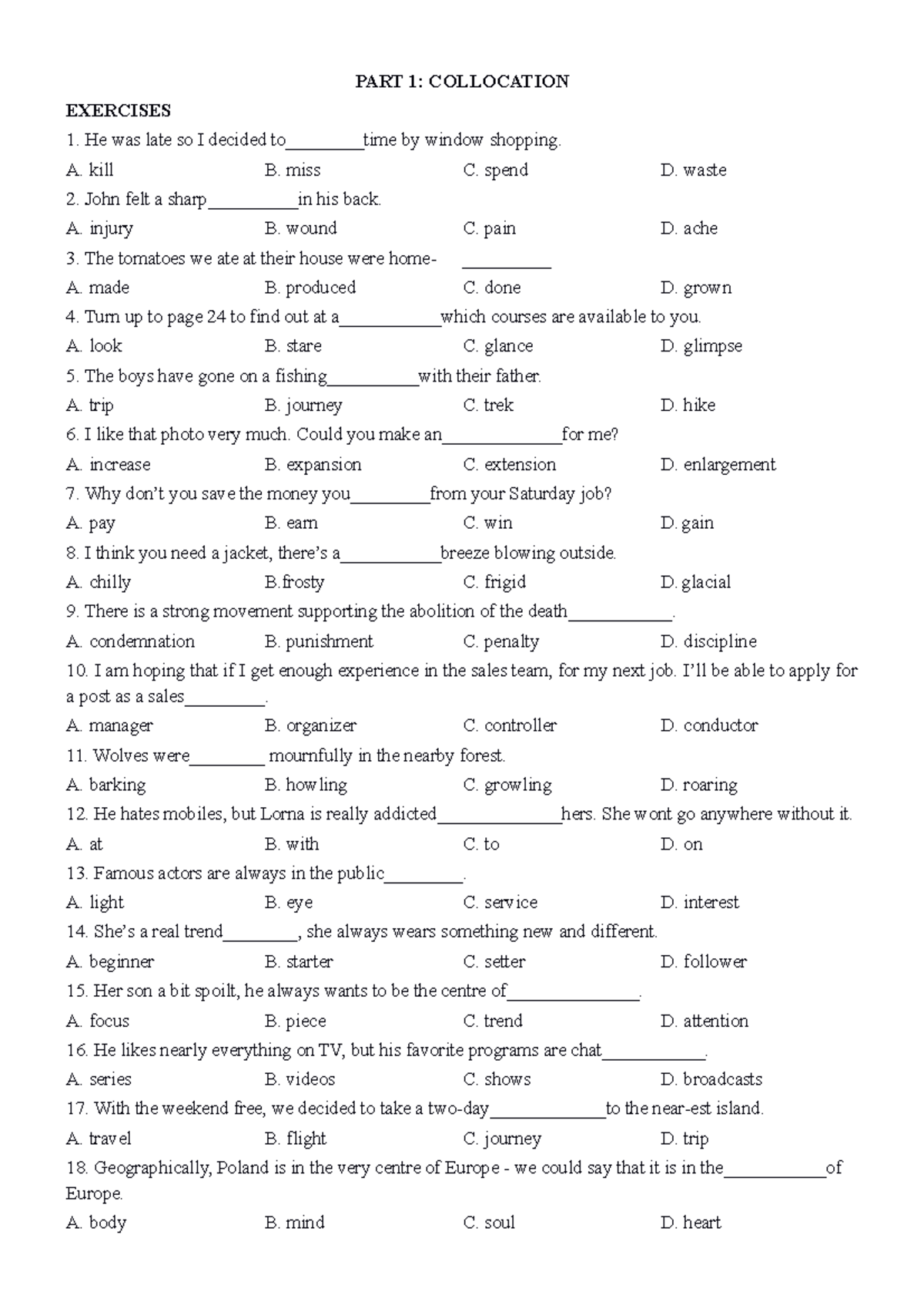 PART 1 Collocation 70 trang KEY - PART 1: COLLOCATION EXERCISES He was ...