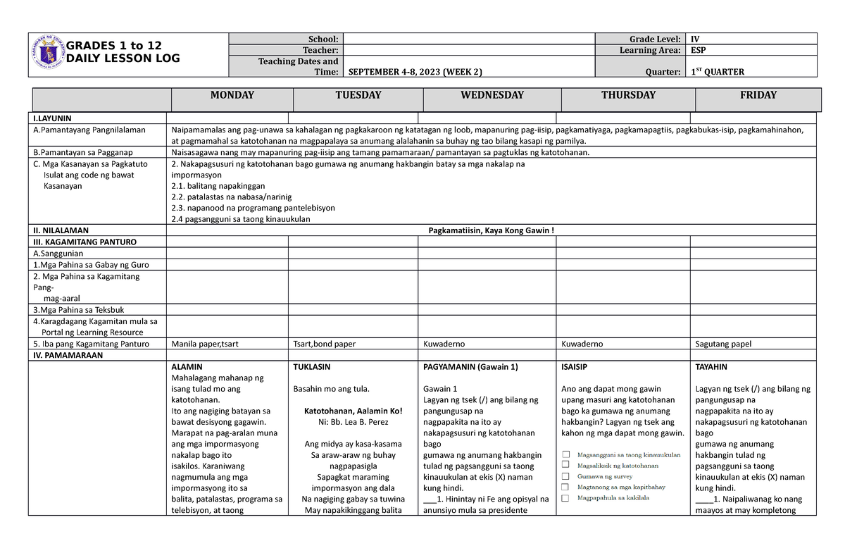 DLL ESP 4 Q1 W2 - Lesson Plan - GRADES 1 To 12 DAILY LESSON LOG School ...