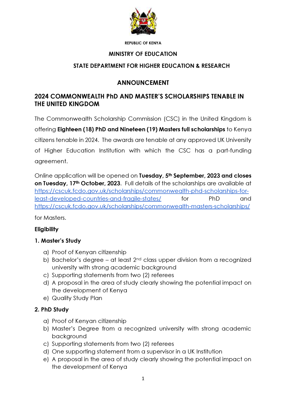 2024 Commonwealth Scholarships (2) 1 REPUBLIC OF KENYA MINISTRY OF