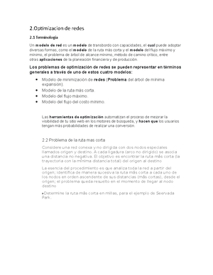 Optimizacion de redes - apuntes de apoyo - 2 de redes 2 Terminología Un  modelo de red es un modelo - Studocu