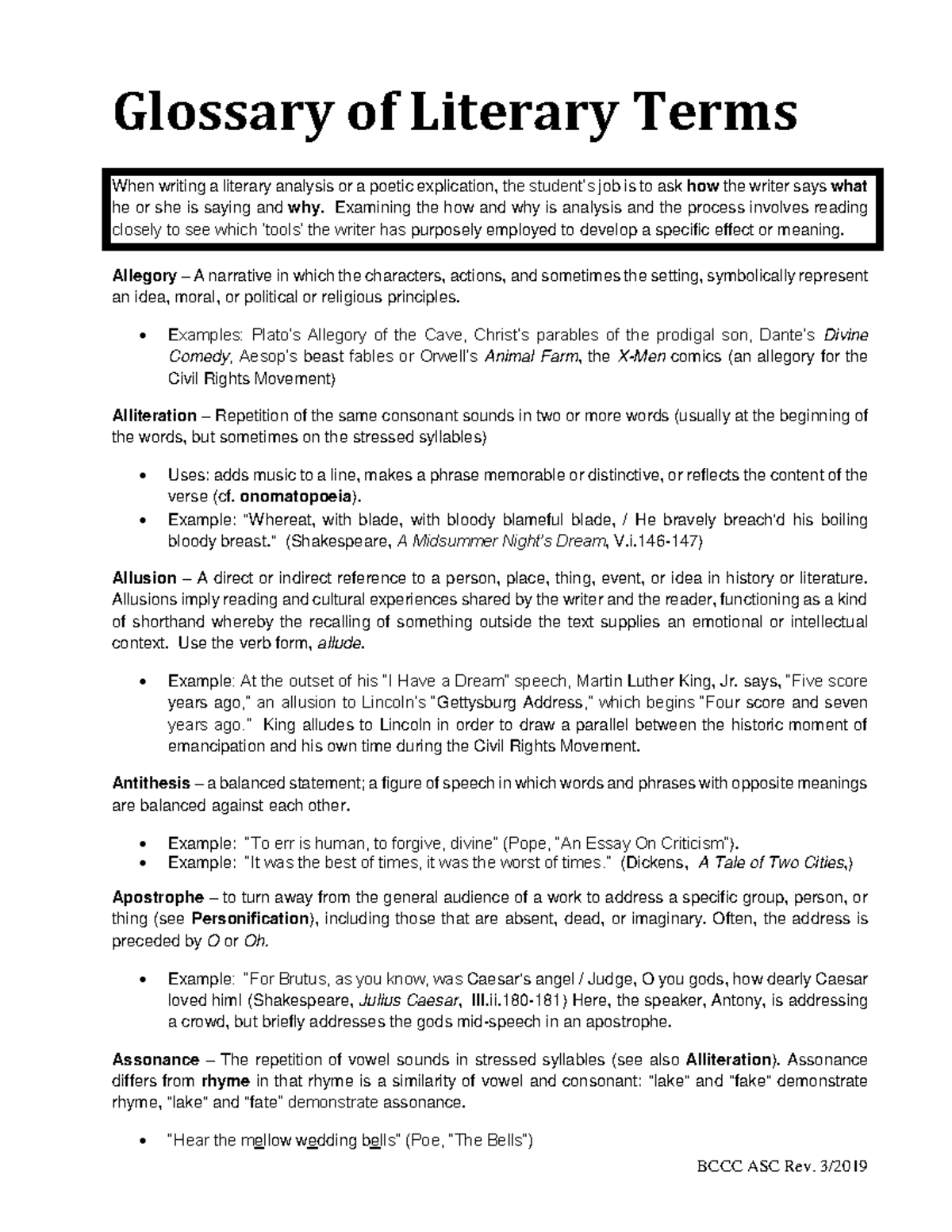 Glossary of Literary Terms - Examining the how and why is analysis and ...