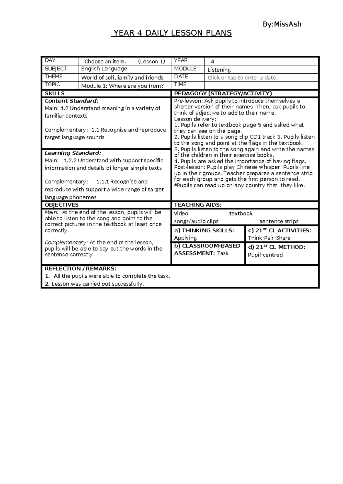 Y4 E L1 - L5 (M1) - Lesson Plan - YEAR 4 DAILY LESSON PLANS DAY Choose ...