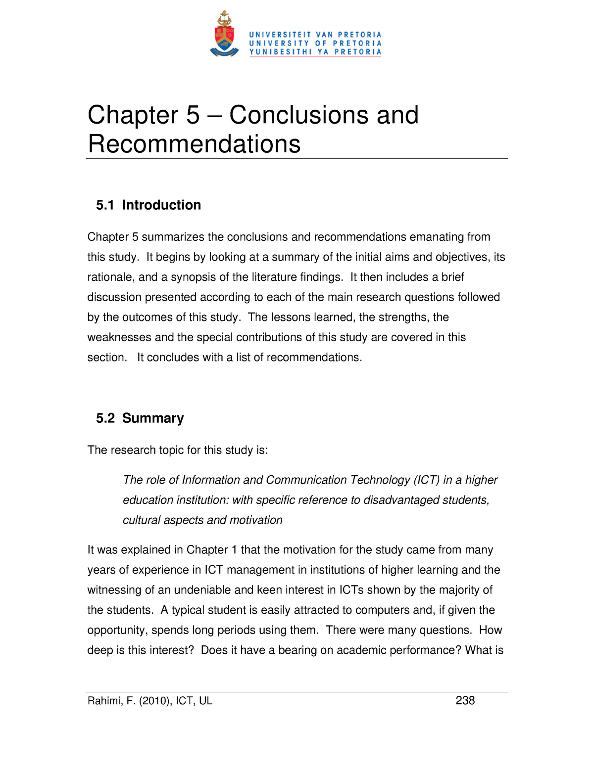 example of recommendation in research chapter 5