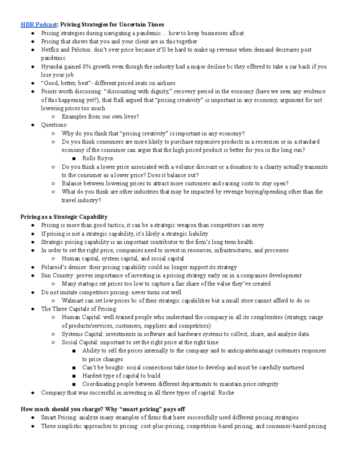 Pricing and Channels of Distribution Notes HBR Podcast Pricing