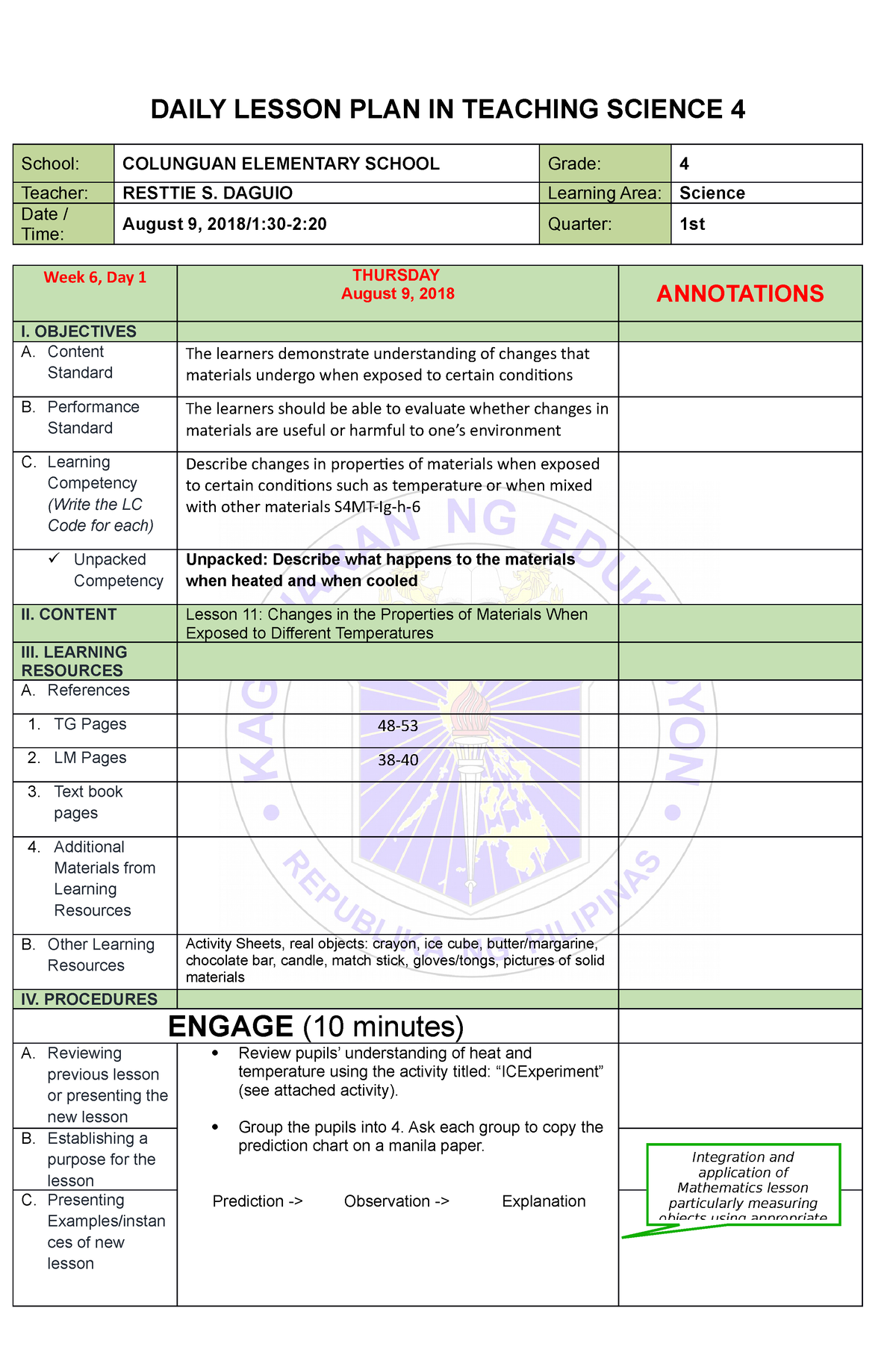 Example Of Lesson Plan In Science