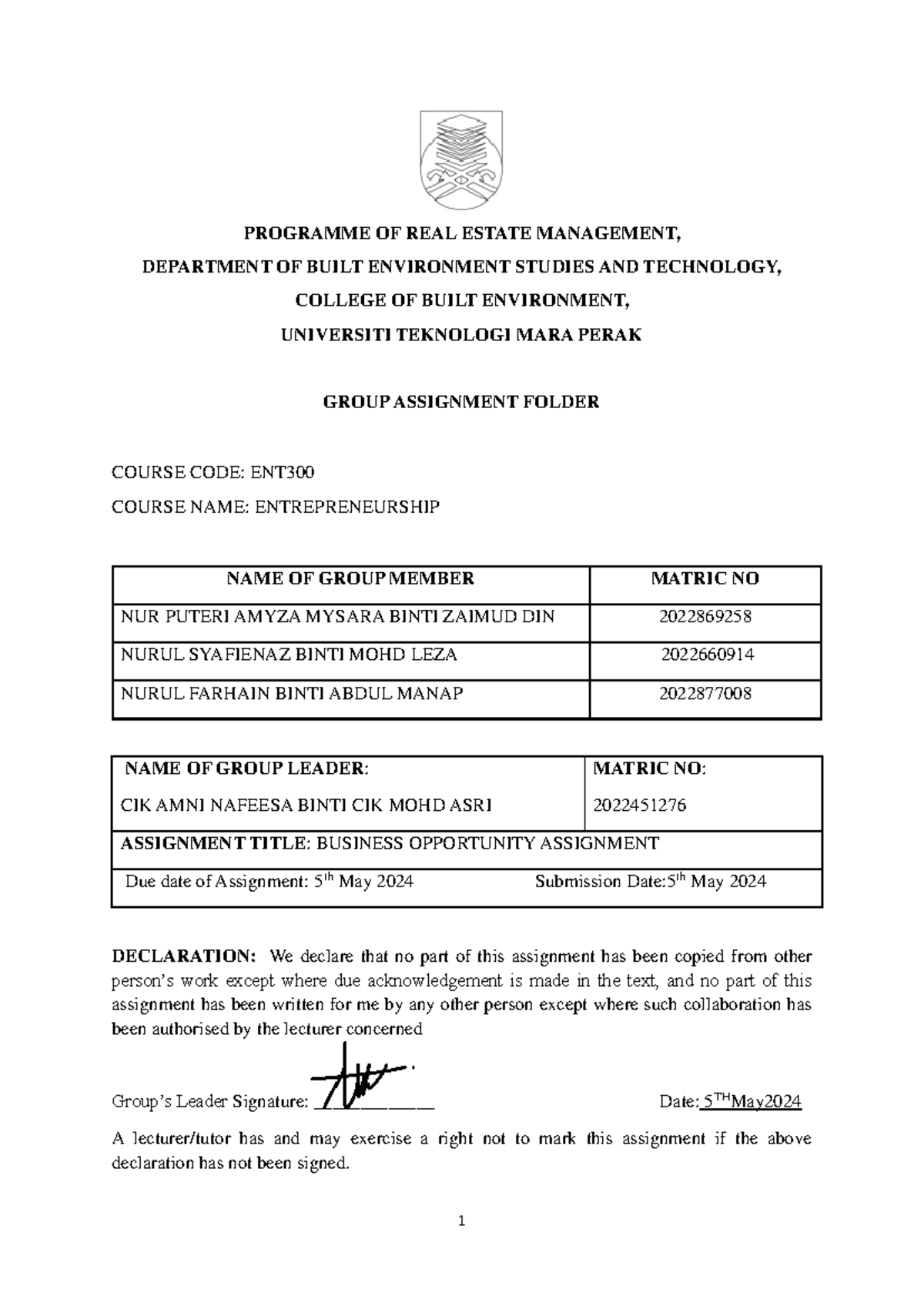 ENT Report 1 - PROGRAMME OF REAL ESTATE MANAGEMENT, DEPARTMENT OF BUILT ...