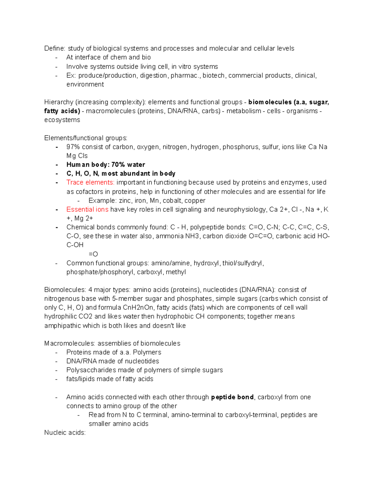 Biochem - Lecture Notes from chapters 1-6 - Define: study of biological ...