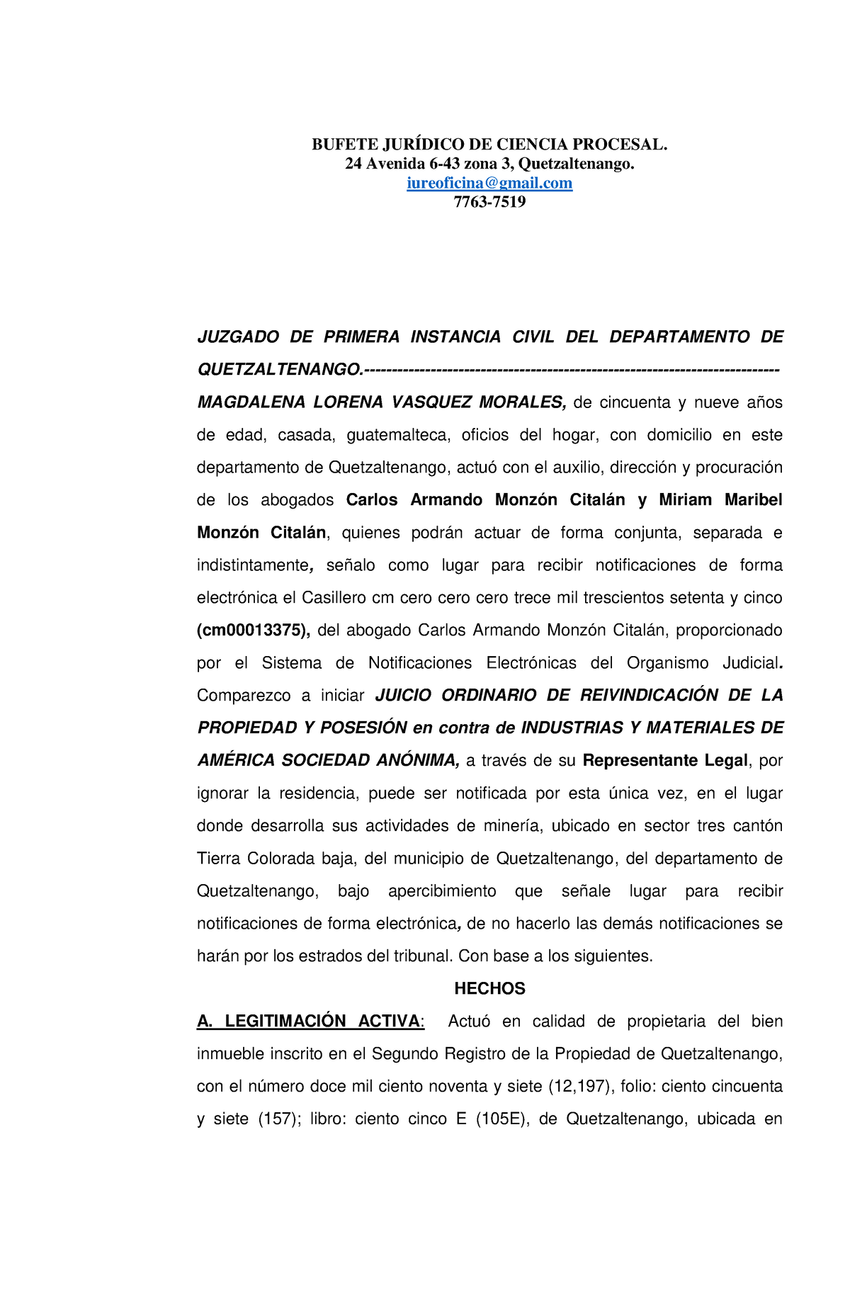 Modelo Demanda Juicio Ordinario Reivindicacion Bufete JurÍdico De Ciencia Procesal 24 Avenida 7322