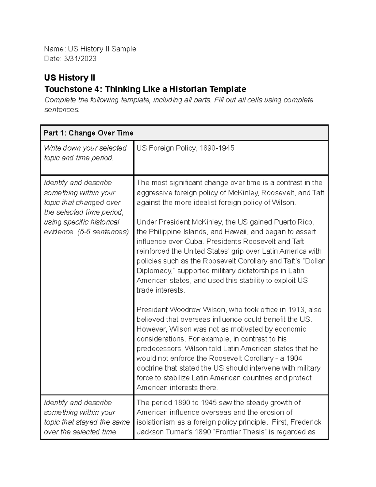 US History II Touchstone 4 Sample Name US History II Sample Date 3